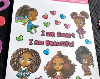 Pegatinas de chicas negras chibi: afirmaciones positivas, corazones