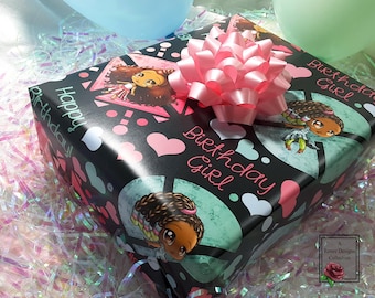 Hojas de papel para envolver regalos de cumpleaños para niñas afroamericanas (19 x 29)