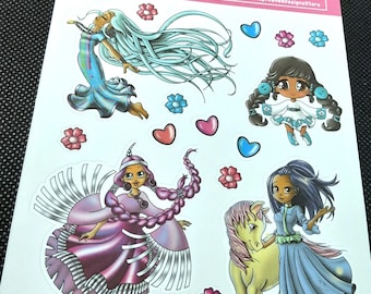 Hoja de pegatinas de niñas nativas americanas: Niñas indígenas de dibujos animados, corazones y flores.