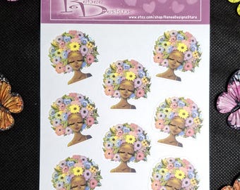 Hoja de pegatinas de mujer negra: cabello afro, flores, colores pastel.