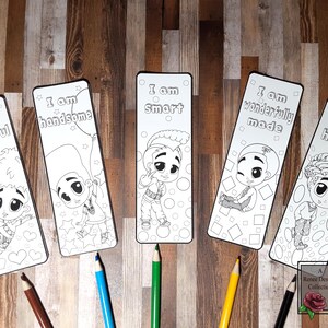 Black Boy Bookmarks, Coloring on Cardstock, Positive Words to Color, African American Boys Bookmark, Activities for Kids, Affirmations