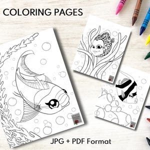 May include: Three black and white coloring pages featuring fish in an underwater scene. The fish are drawn in a cartoon style with large eyes and fins. The pages are labeled "COLORING PAGES" and "JPG + PDF Format".