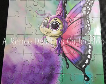Purple Butterfly Puzzle with a Matte Finish, 30 Pieces, 8.01 x 6.75 in Size, Heavy Chipboard, Small Jigsaw, Allium Flower,