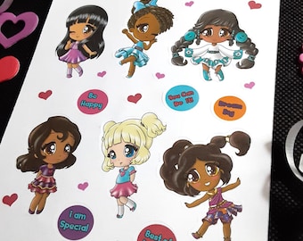 Hoja de pegatinas de Chibi Girls: Diversos personajes de dibujos animados con afirmaciones positivas.