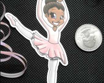 Pegatina de bailarina afroamericana, tutú rosa, troquelada mate