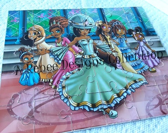 Black Princess Puzzle, 6.75 x 8.01 in Size, African American Girl Cartoon, Ebony Beauty, Heavy Chipboard, Small 30-Piece Jigsaw, Ethnic Art