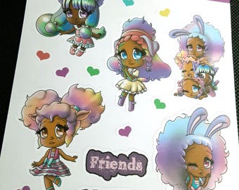 Pegatinas de chicas chibi: Anime afroamericano, orejas de animales, corazones
