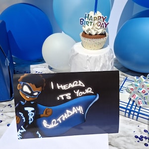 African American Boy Superhero Birthday Card: Blue Cartoon Fantasy