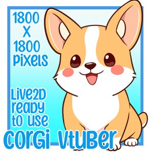 Puede incluir: Ilustración de dibujos animados de un corgi sonriente con pecho y cara blancos y pelaje marrón claro. El texto dice: "1800 X 1800 PIXELS", "Live2D ready to use" y "CORGI VTUBER". El fondo es azul claro.