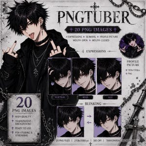 Könnte beinhalten: Ein digitales Charakter-Asset-Paket mit dem Titel PNGTUBER, das 20 hochwertige, transparente PNG-Bilder einer Anime-Figur mit schwarzen Haaren enthält. Das Set umfasst vier Gesichtsausdrücke, Blinzel-Animationen und eine Profilbild-Option.