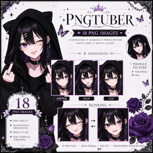 Gothic Anime Cat Ear PNGTuber Avatar | 18 Expressions (Digital Download)