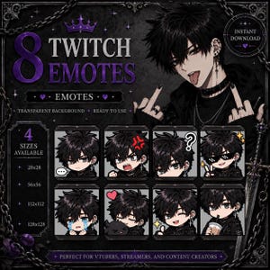 May include: A digital collection of 8 Twitch emotes featuring an anime-style character with black hair. The set includes various expressions such as crying, angry, and wearing sunglasses. Text includes 8 TWITCH EMOTES, INSTANT DOWNLOAD, and 4 SIZES AVAILABLE.