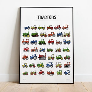 Un poster multicolore stampato pieno di John Deere e altri trattori. Decorazione perfetta per la cameretta di un ragazzo.