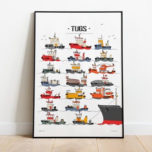 Ships for Boy. Color Print with tugboats for little seamen! 19 3/4 x 27 1/2  inches, Ship poster for big and small machine fans!