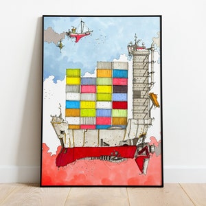 Schiff Druck, Schiffe Poster, Container, Classic Blue, Kinderzimmer, Kinder Wand Kunst, Baby Boy, Schiff Poster, Schiff Wand, Giclée