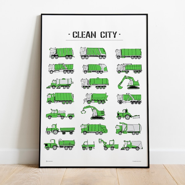 Eco Poster,  Green Poster, Garbage Truck, Eco, Excavators, Constructions, Baby Boy, Dozer, Boy Room Decor, Kindergarten