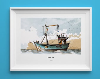 Vissen boot afdrukken, Schepen posters, Sleepboot, Boot Decor, Wall Art, Print Decor, Baby Boy, Schip Poster, Zee Decor, Schip Decor