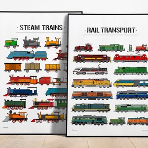 Premium steam train poster set. Two prints for one price. Posters with steam trains and wagons. Wall decoration for a nursery room.