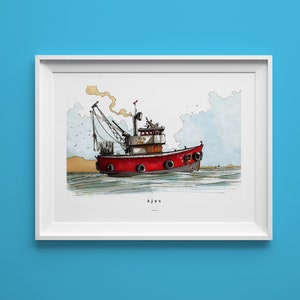 May include: A watercolour illustration of a red fishing boat with a white cabin and a black funnel. The boat is named "Ajax" and is sailing on a blue sea with white clouds in the sky.