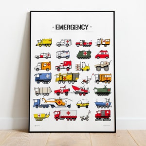 Farbe Kinderzimmer Druck, Notfall, Krankenwagen, Kinder Deko, Rettungsfahrzeug, Dekor für Kinder, Jungenzimmer Dekor, Geburtstag, großes Poster, Diagramm für Kinder