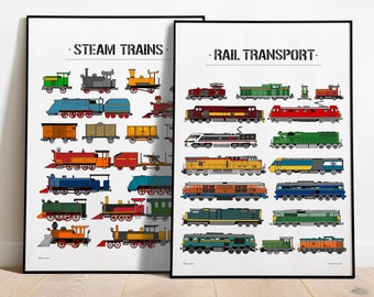 Conjunto de carteles de tren de vapor premium. Dos impresiones por un precio. Carteles con trenes y vagones de vapor. Decoración de pared para una habitación infantil.