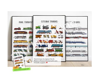 Three prints for one price! Train Nursery Prints: Bullet, Steam, Transport - Kids Room Decor