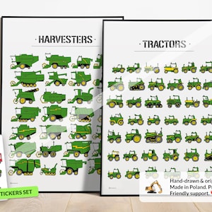 John Deere tractors and harvesters. Two prints in one price! Nursery room decor in many sizes. Posters printed on high-quality thick paper.