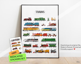 May include: A framed print titled "TRAINS" featuring colorful illustrations of various train types. Includes a sticker set with additional train designs. The print is hand-drawn and made in Poland.
