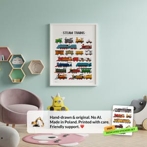 Un cartel con locomotoras y trenes de vapor para la habitación de un niño, un regalo para una habitación infantil.