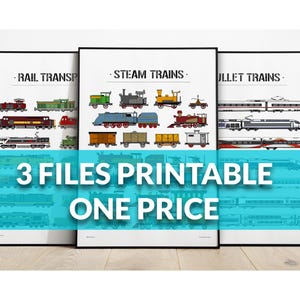 May include: Three framed prints featuring illustrations of trains. The prints are labeled "Rail Transport," "Steam Trains," and "Bullet Trains." The text "3 FILES PRINTABLE ONE PRICE" is overlaid on the image in white text against a blue background.