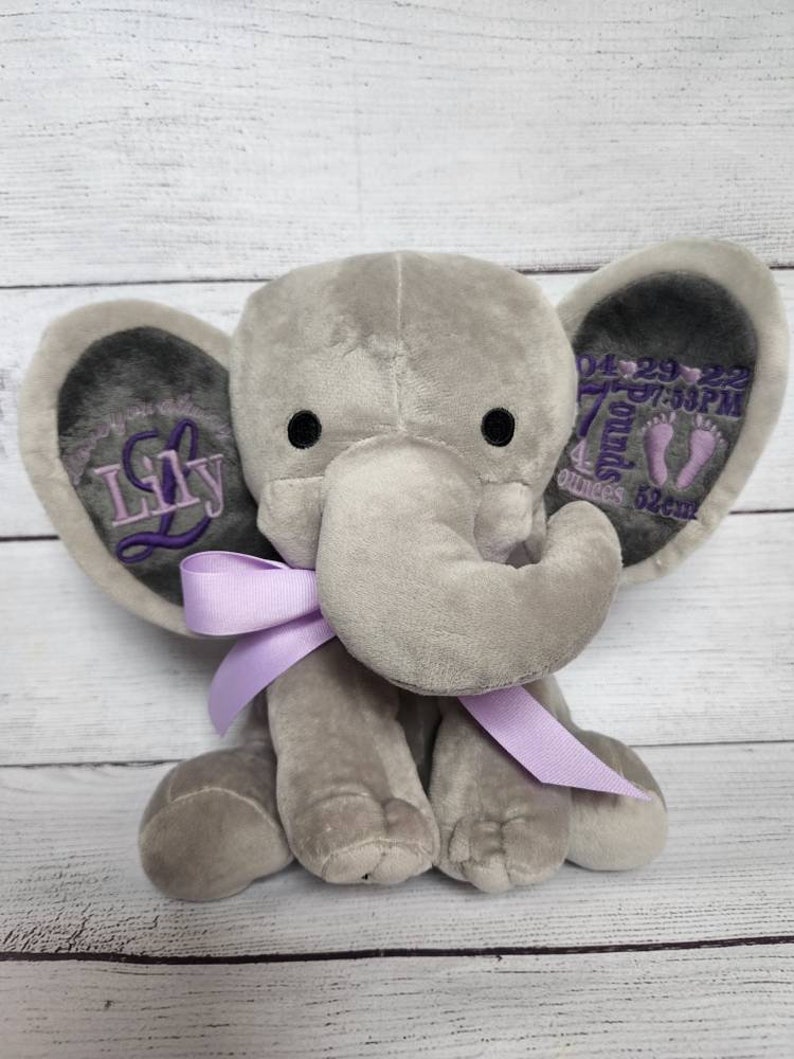 Embroidered Birth Announcement Elephant Personalized Dark Purple, Violet