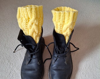 Cabled Boot Cuffs Hand Knitted in Daffodil Yellow Acrylic Yarn
