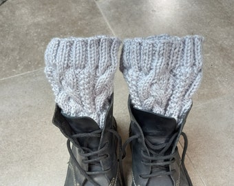 Cabled Boot Cuffs Hand Knitted in Pale Silver Grey Acrylic Yarn