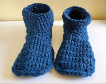 Cosy Slipper Boots Hand Crocheted in Teal Blue Acrylic Yarn