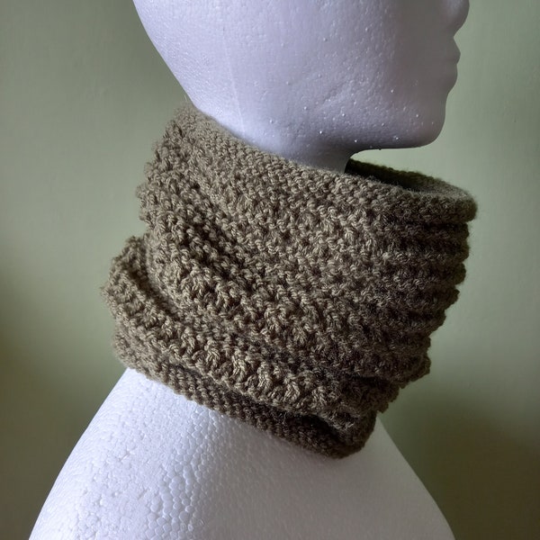 Honeycomb Stitch Cowl / Snood Hand Knitted in Khaki Green Acrylic Yarn