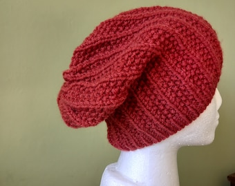 Slouchy Beanie Hat Hand Knitted in Copper Acrylic Yarn