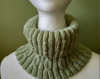 Stylish Cabled Cowl / Snood Hand Knitted in Pale Green Acrylic Yarn