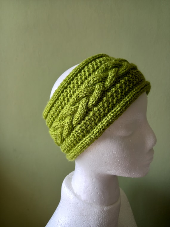 Cabled Headband Hand Knitted in Lime Green Acrylic Yarn - Etsy display picture 1