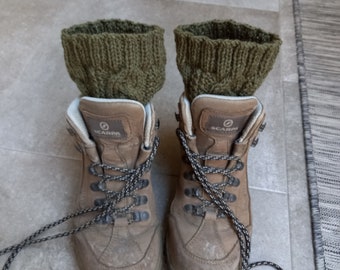 Cabled Boot Cuffs Hand Knitted in Khaki Green Acrylic Yarn