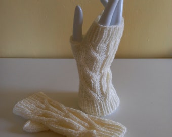 Cabled Fingerless Gloves Hand Knitted in Winter White (Cream) Acrylic Yarn