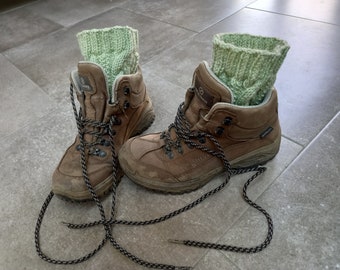 Cabled Boot Cuffs Hand Knitted in Pale Green Acrylic Yarn
