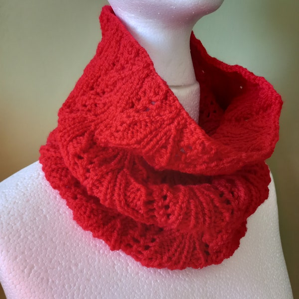Scallop Edged Cowl / Snood Hand Knitted in Bright Red Acrylic Aran Yarn