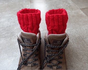 Cabled Boot Cuffs Hand Knitted in Bright Red Acrylic Yarn