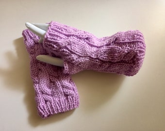 Cabled Fingerless Gloves Hand Knitted in Tea Rose Pink Acrylic Yarn