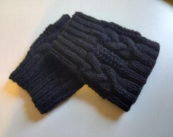 Cabled Boot Cuffs Hand Knitted in Black Acrylic Yarn