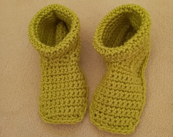 Cosy Slipper Boots Hand Crocheted in Pale Lime Green Acrylic Yarn