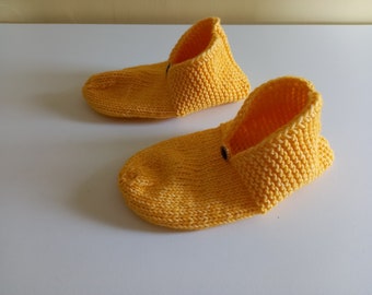 Slipper Socks Hand Knitted in Daffodil Yellow Acrylic Yarn with Black Button Trim