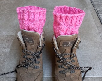 Cabled Boot Cuffs Hand Knitted in Candy Pink Acrylic Yarn