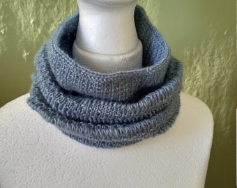 Fluffy Cowl / Snood Hand Knitted in Pale Powder Blue Acrylic Yarn