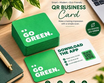 QR Code Business Cards, Custom Business Card, Eco Friendly Green Rounded Corner Cards, Modern Networking Card Set, Double sided Card